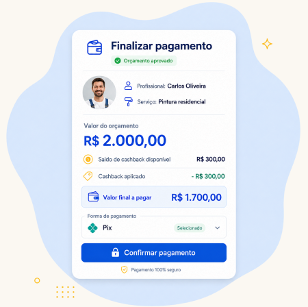 Tela de pagamento do indicaz com saldo de cashback aplicado e valor final destacado