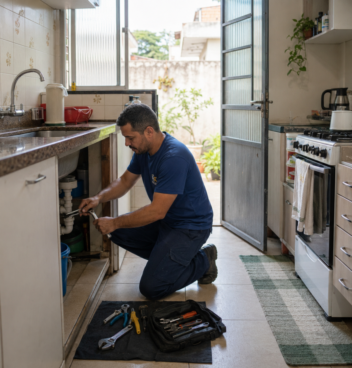 Profissional realizando um reparo em uma residência
