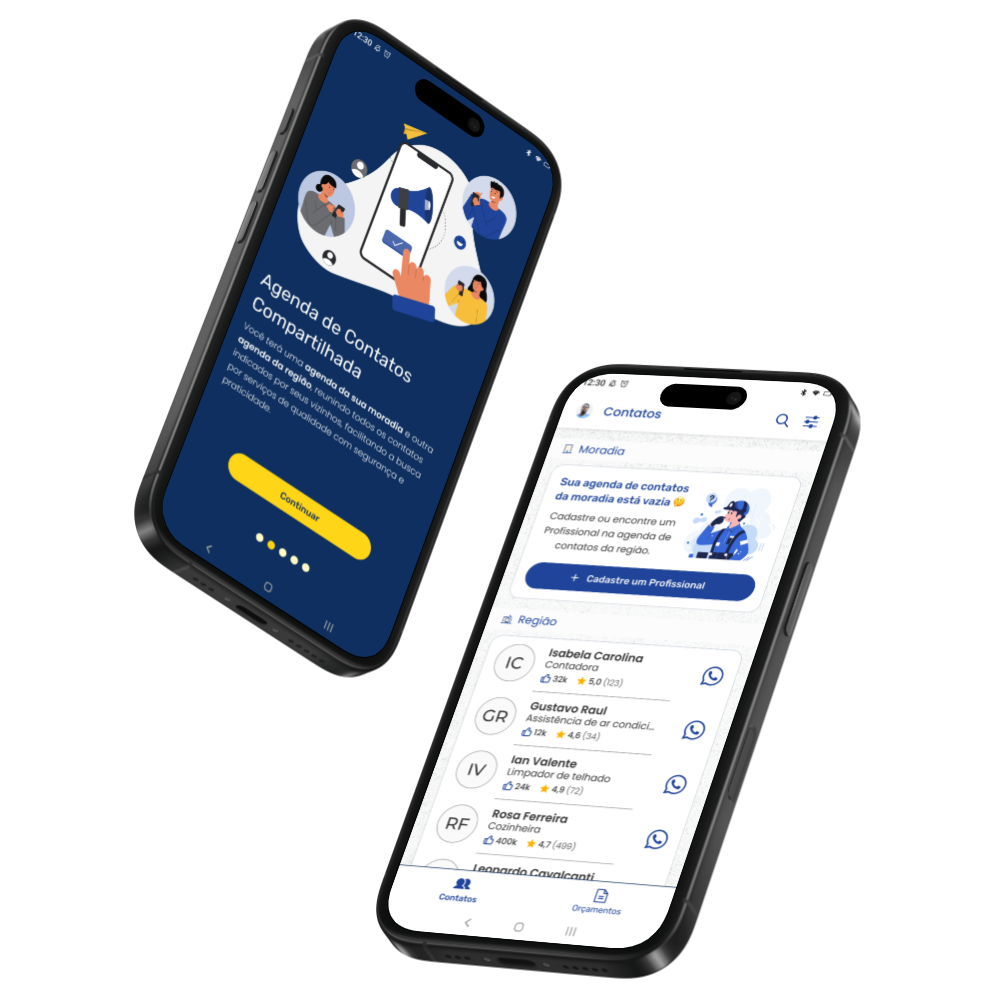 Divulgar meu serviço. Dois smartphones exibindo telas do aplicativo indicaz. A primeira tela apresenta a funcionalidade 'Agenda de Contatos Compartilhada', destacando sua utilidade. A segunda tela mostra a agenda de contatos organizada por região, com opções para cadastrar e visualizar profissionais disponíveis.