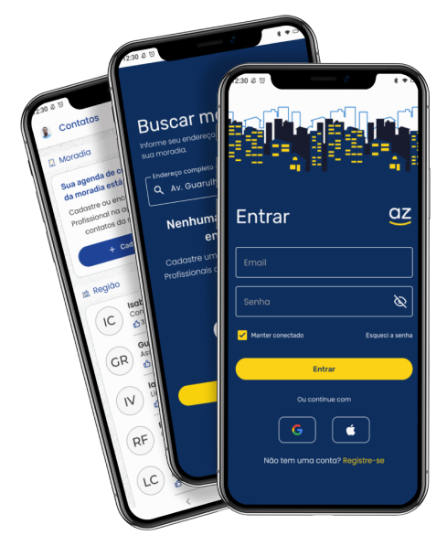 Visualização do aplicativo indicaz em três telas de smartphone: tela de login com opções de cadastro e login social, tela de busca por serviços com campo de endereço, e tela de contatos mostrando uma agenda organizada por região, conectando moradores a prestadores de serviços de forma fácil e intuitiva.